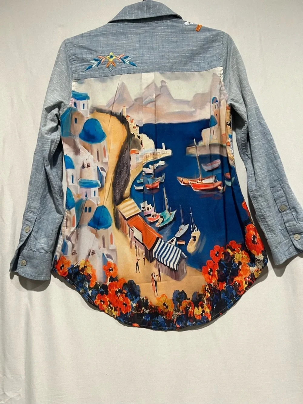 Soft Surroundings Embellished Santorini Print Shirt Cotton XSP Beaded - Picture 8 of 11